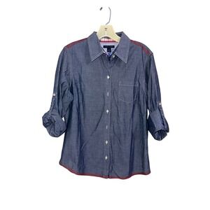 Tommy Hilfiger Women's Blue Chambray Button Up Roll Tab Sleeve‎ Shirt Size M